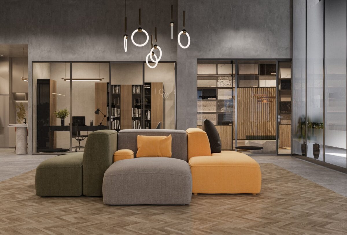 Eleganter Loungebereich mit moderner und bequemer Möblierung, gestaltet zur Förderung von Entspannung und zwanglosen Gesprächen.