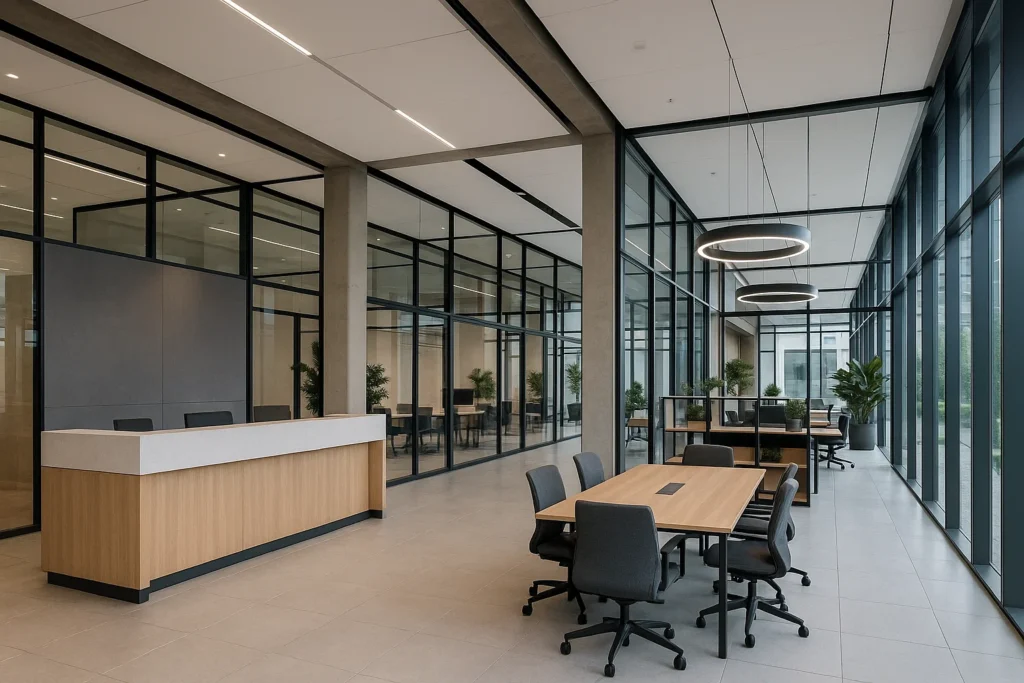 Modernes Business Center mit Empfangsbereich und Gemeinschaftsbüros ohne Personen