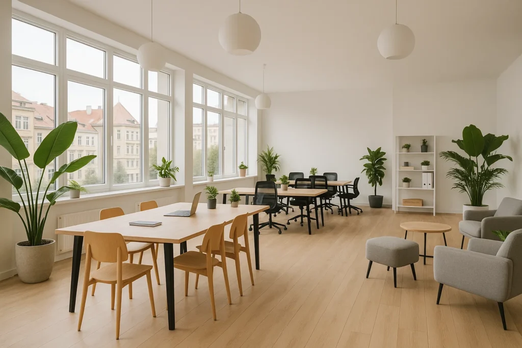 Modernes Coworking Space mit offenen Arbeitsbereichen, natürlichem Licht und stilvoller Einrichtung in Europa